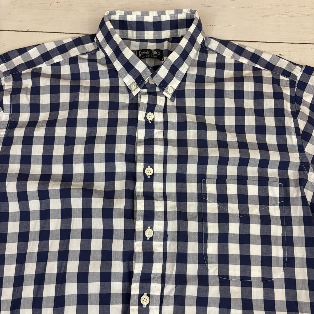 Gitman Brothers Gingham Check Shirt Large Blue Short Sleeve Button-Down USA